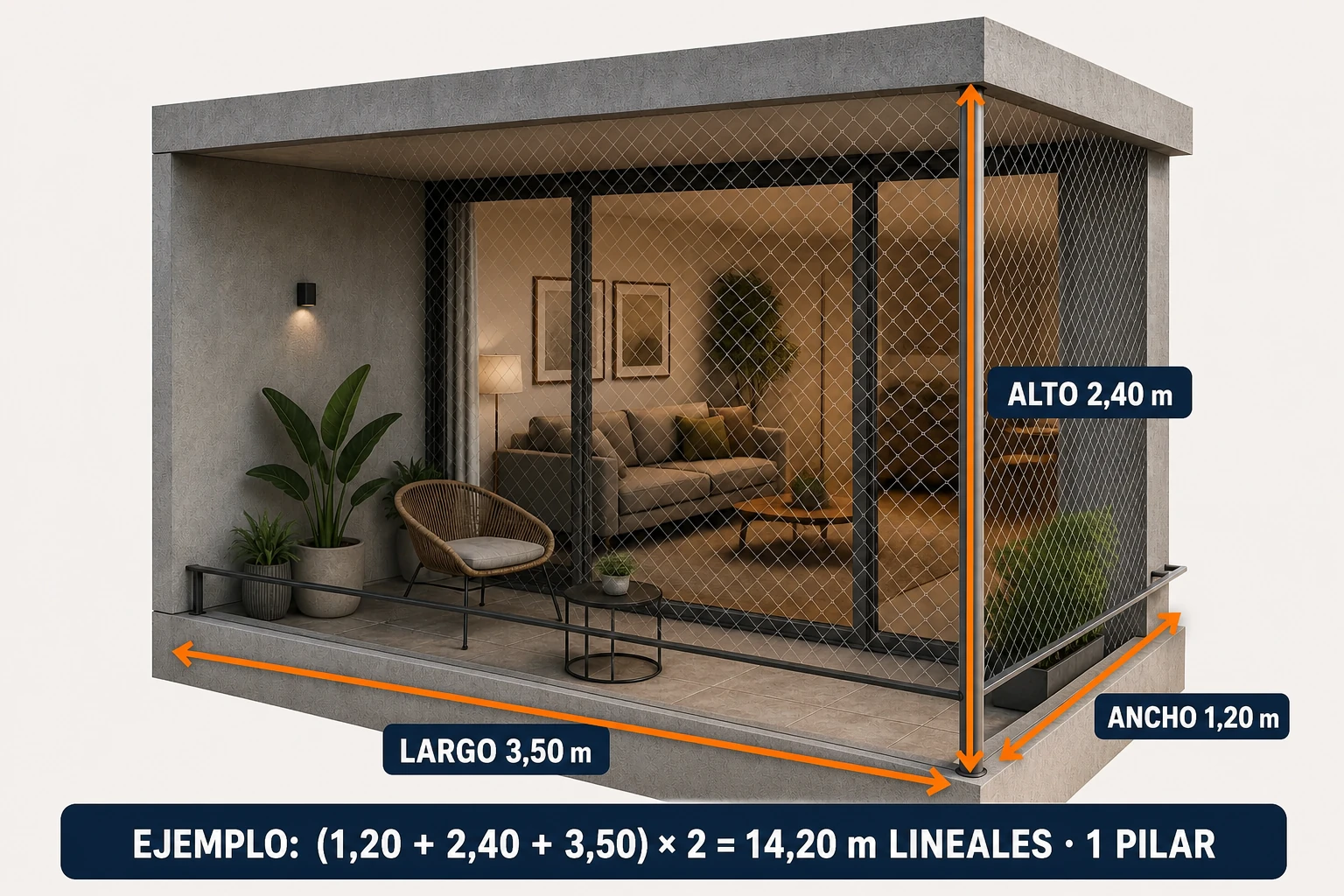 Balcón tipo L con cotas integradas: largo 3,50 metros, ancho 1,20 metros, alto 2,40 metros y un pilar