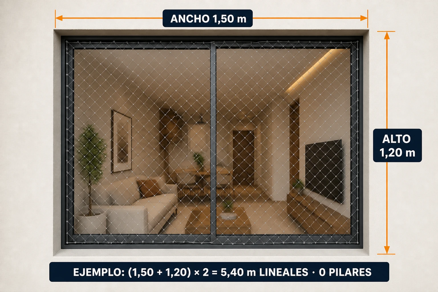 Ventana con cotas integradas: ancho 1,50 metros, alto 1,20 metros y resultado 5,40 metros lineales